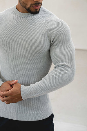 Pure Cotton Knitted Textured Crew Neck Sweater in Silver Grey Marl - TAILORED ATHLETE - USA