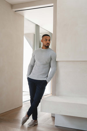 Pure Cotton Knitted Textured Crew Neck Sweater in Silver Grey Marl - TAILORED ATHLETE - USA