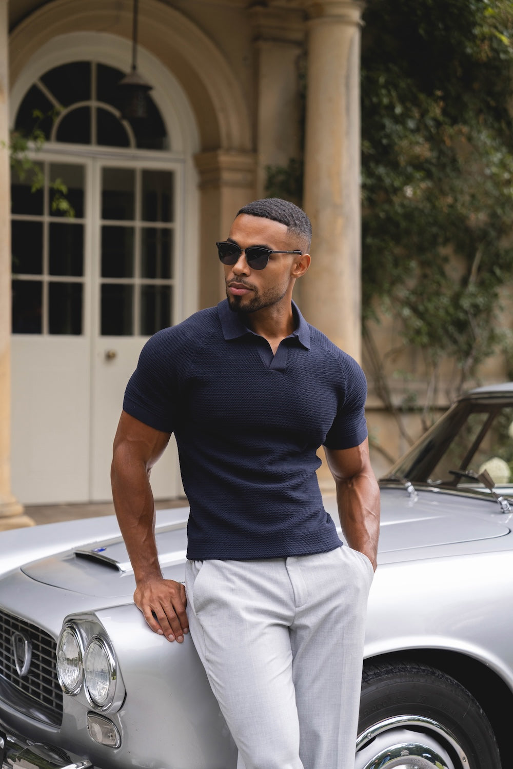 Textured Knitted Open Collar Polo Shirt in Navy - TAILORED ATHLETE - USA
