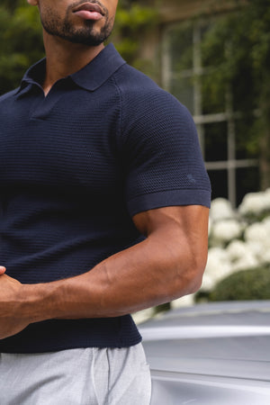 Textured Knitted Open Collar Polo Shirt in Navy - TAILORED ATHLETE - USA
