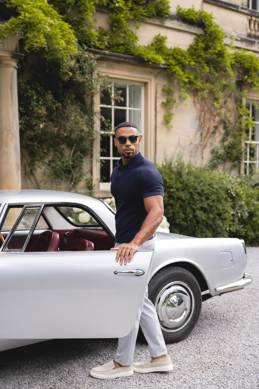 Textured Knitted Open Collar Polo Shirt in Navy - TAILORED ATHLETE - USA