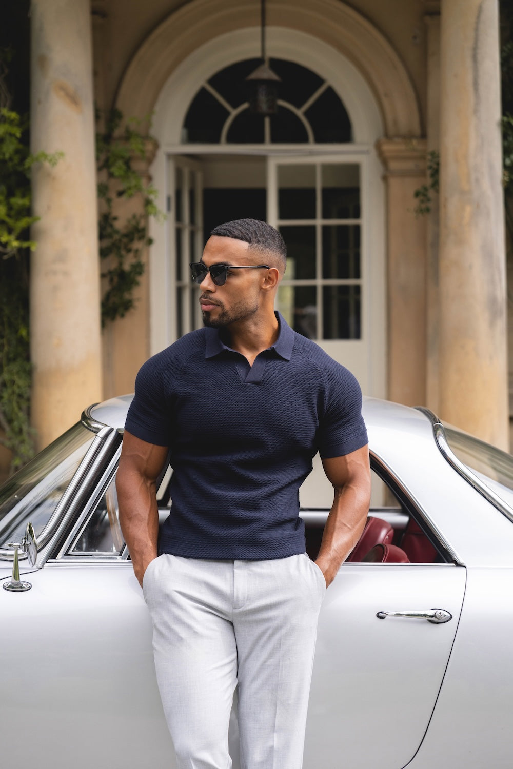 Textured Knitted Open Collar Polo Shirt in Navy - TAILORED ATHLETE - USA