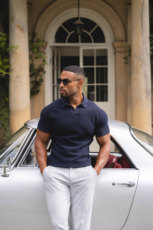 Textured Knitted Open Collar Polo Shirt in Navy - TAILORED ATHLETE - USA