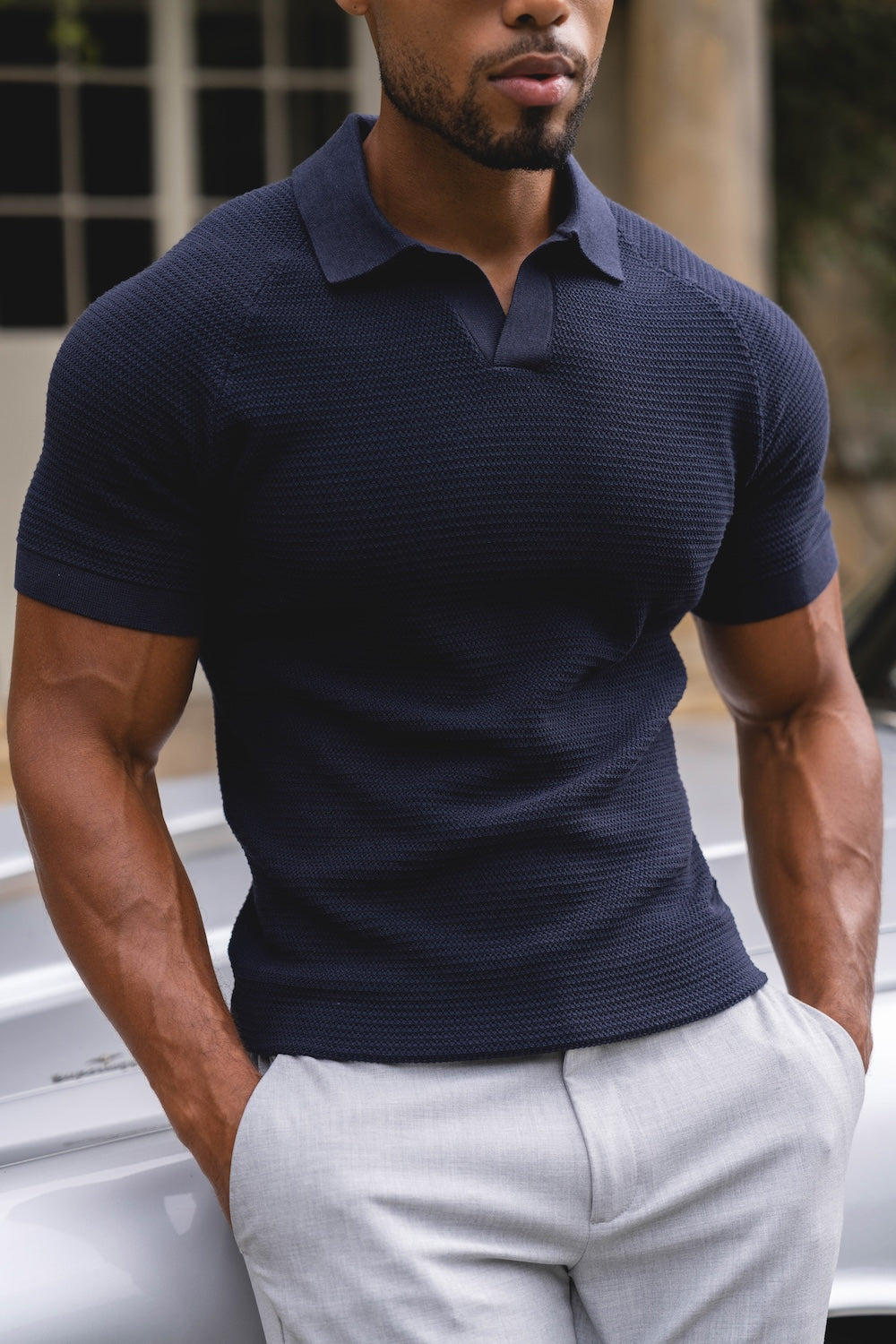 Textured Knitted Open Collar Polo Shirt in Navy - TAILORED ATHLETE - USA