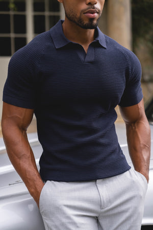Textured Knitted Open Collar Polo Shirt in Navy - TAILORED ATHLETE - USA