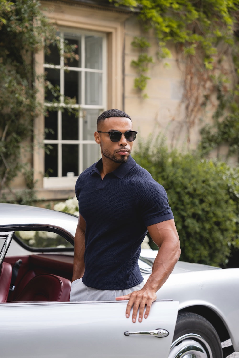 Textured Knitted Open Collar Polo Shirt in Navy - TAILORED ATHLETE - USA