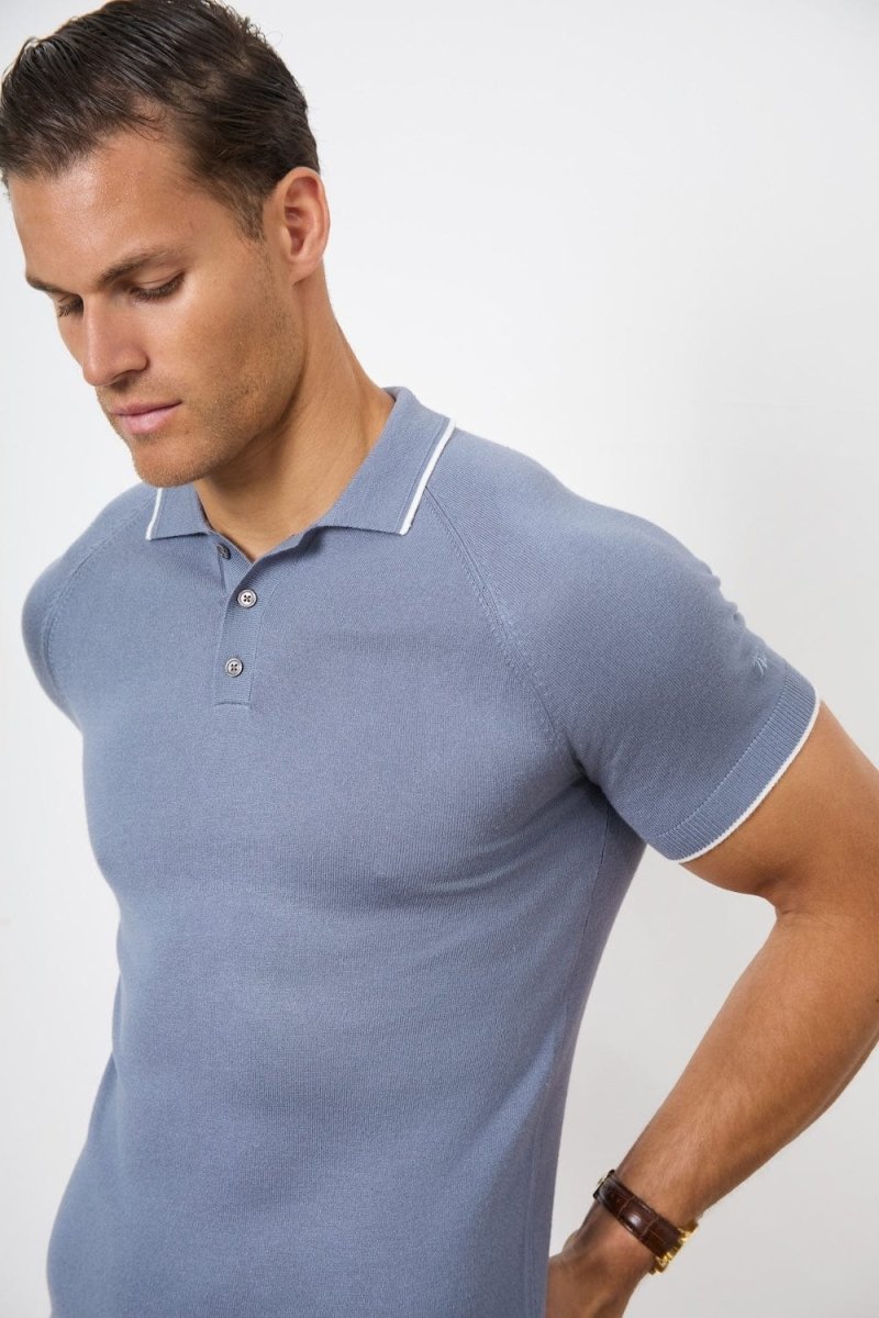 Tipped Knitted Polo Shirt in Airforce Blue - TAILORED ATHLETE - USA