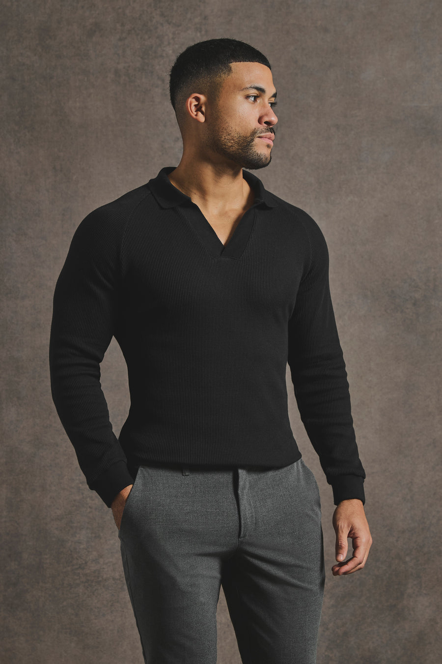 Textured Buttonless Polo Shirt in Black - TAILORED ATHLETE - USA