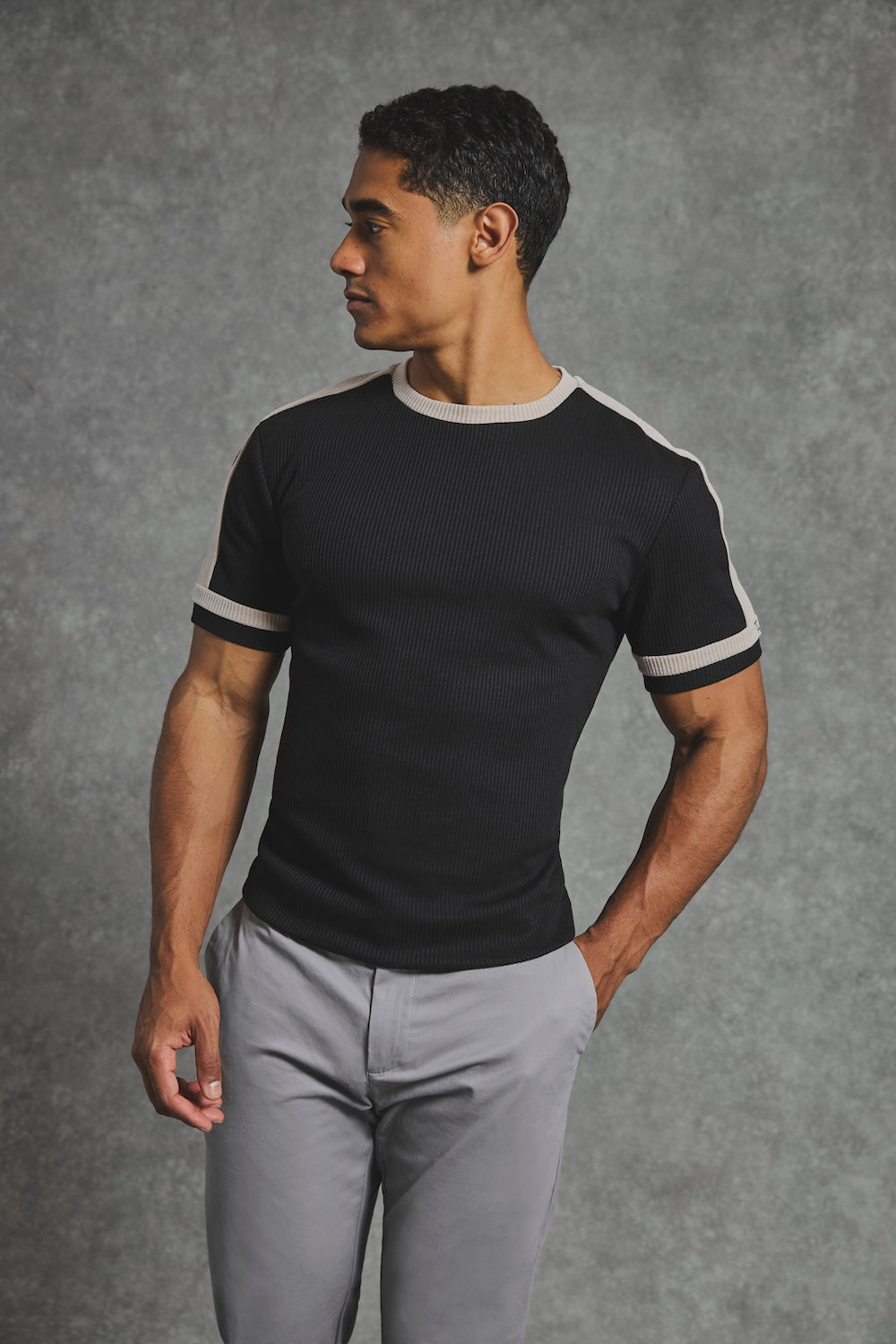 Textured Colour Blocked T-Shirt in Black and Stone - TAILORED ATHLETE - USA