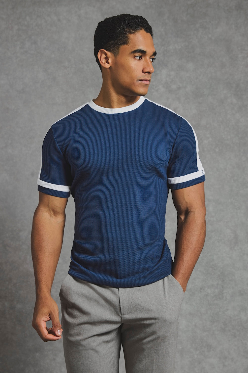 Textured Colour Blocked T-Shirt in Navy and White - TAILORED ATHLETE - USA