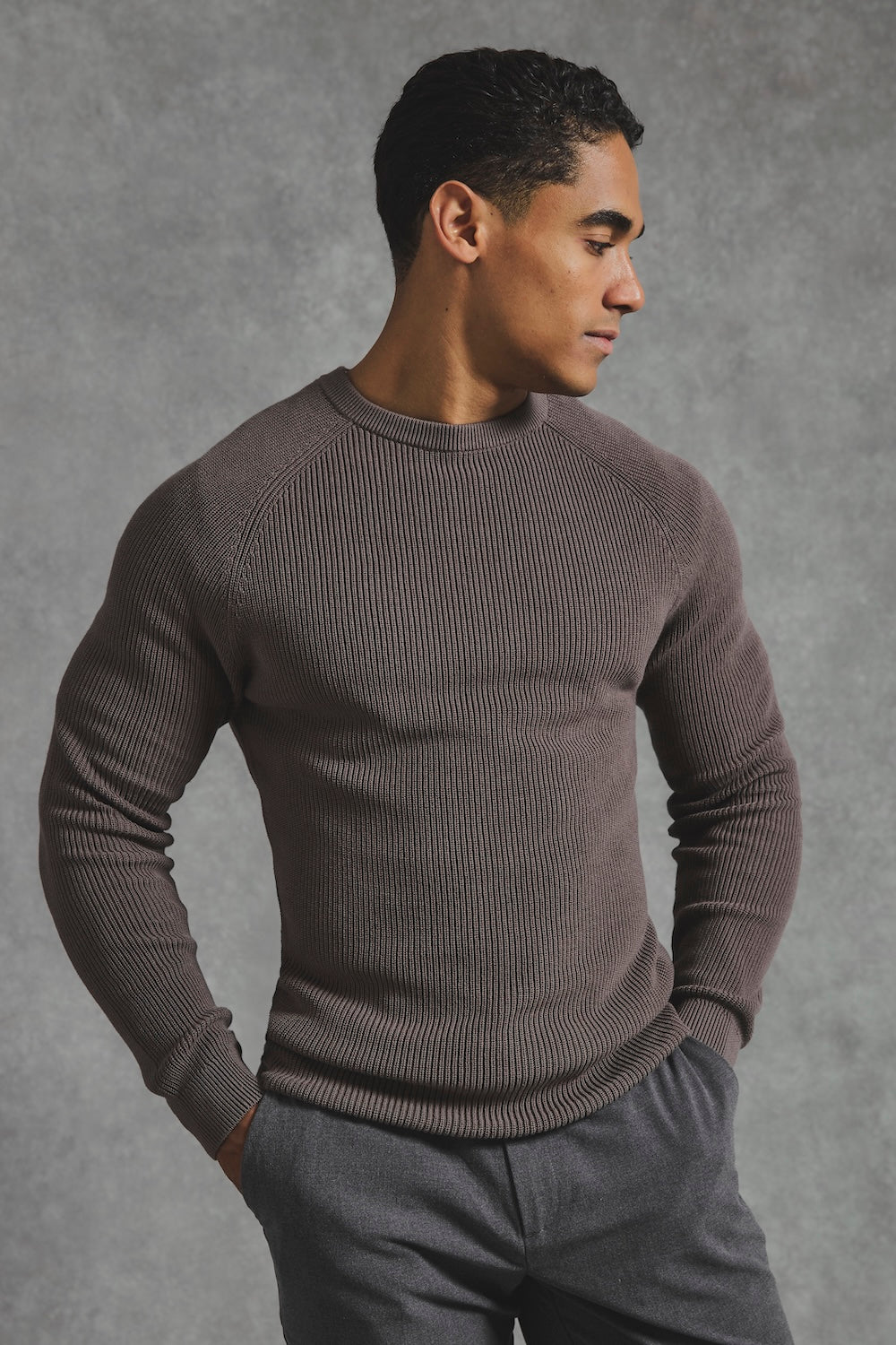 Pure Cotton Knitted Textured Crew Neck Sweater in Truffle - TAILORED ATHLETE - USA