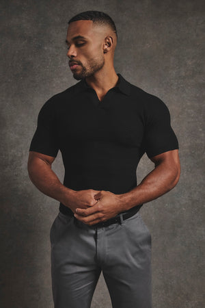 Textured Knitted Open Collar Polo Shirt in Black - TAILORED ATHLETE - USA