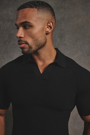 Textured Knitted Open Collar Polo Shirt in Black - TAILORED ATHLETE - USA