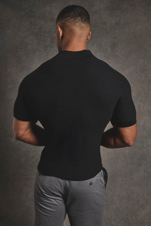 Textured Knitted Open Collar Polo Shirt in Black - TAILORED ATHLETE - USA