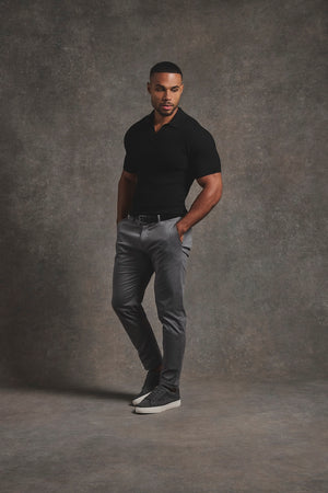 Textured Knitted Open Collar Polo Shirt in Black - TAILORED ATHLETE - USA