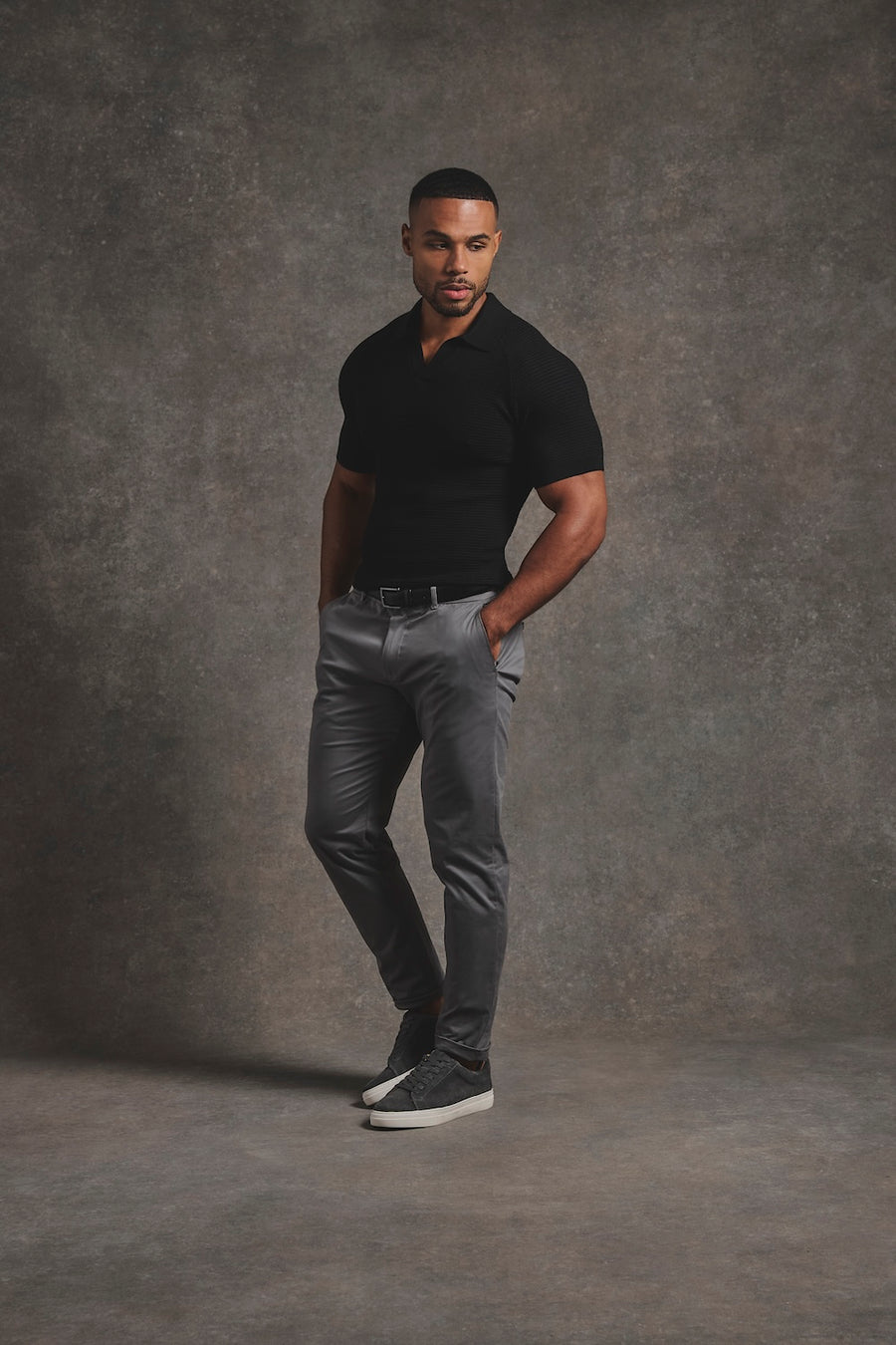 Textured Knitted Open Collar Polo Shirt in Black - TAILORED ATHLETE - USA