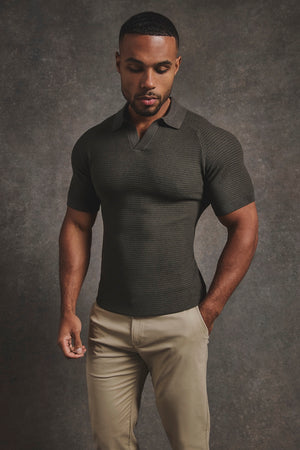 Textured Knitted Open Collar Polo Shirt in Dark Olive - TAILORED ATHLETE - USA