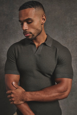 Textured Knitted Open Collar Polo Shirt in Dark Olive - TAILORED ATHLETE - USA