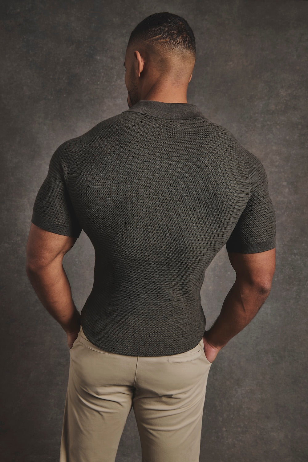 Textured Knitted Open Collar Polo Shirt in Dark Olive - TAILORED ATHLETE - USA