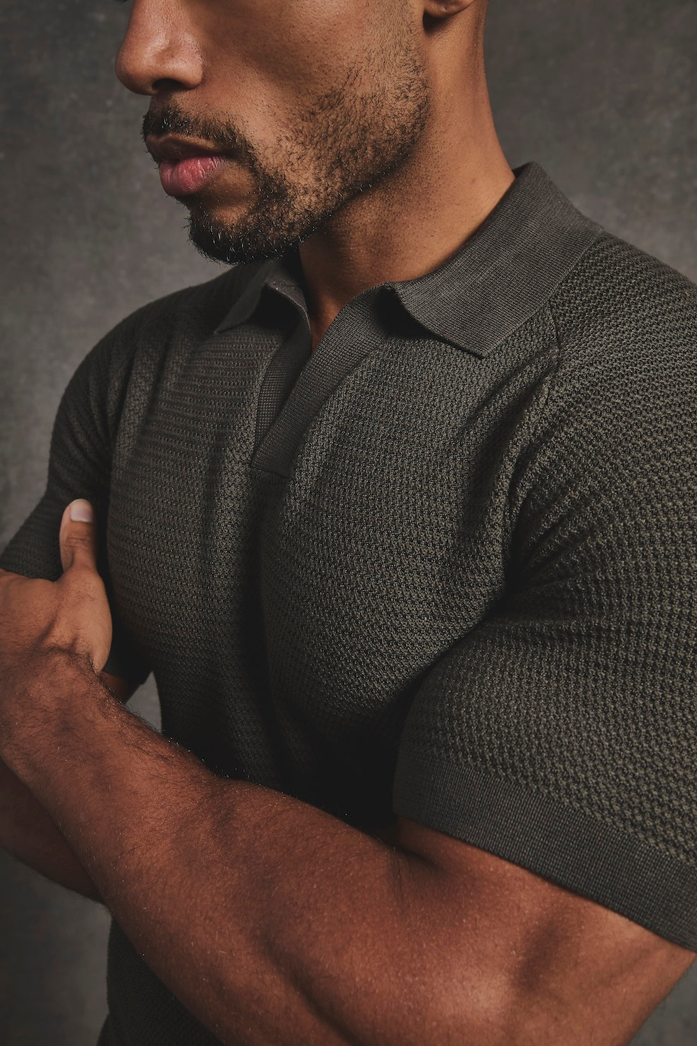 Textured Knitted Open Collar Polo Shirt in Dark Olive - TAILORED ATHLETE - USA
