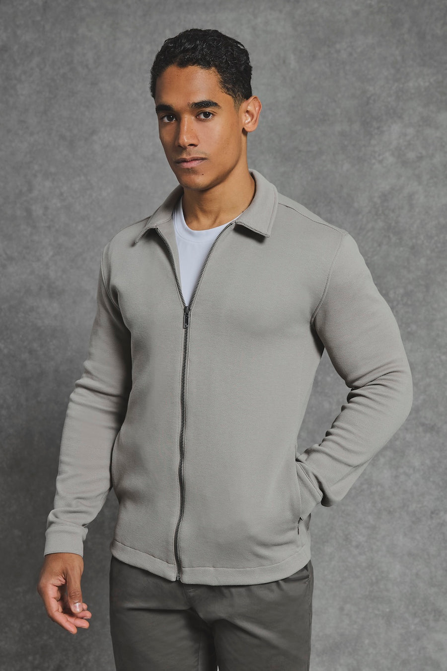 Textured Zip Through Shacket in Dark Stone - TAILORED ATHLETE - USA