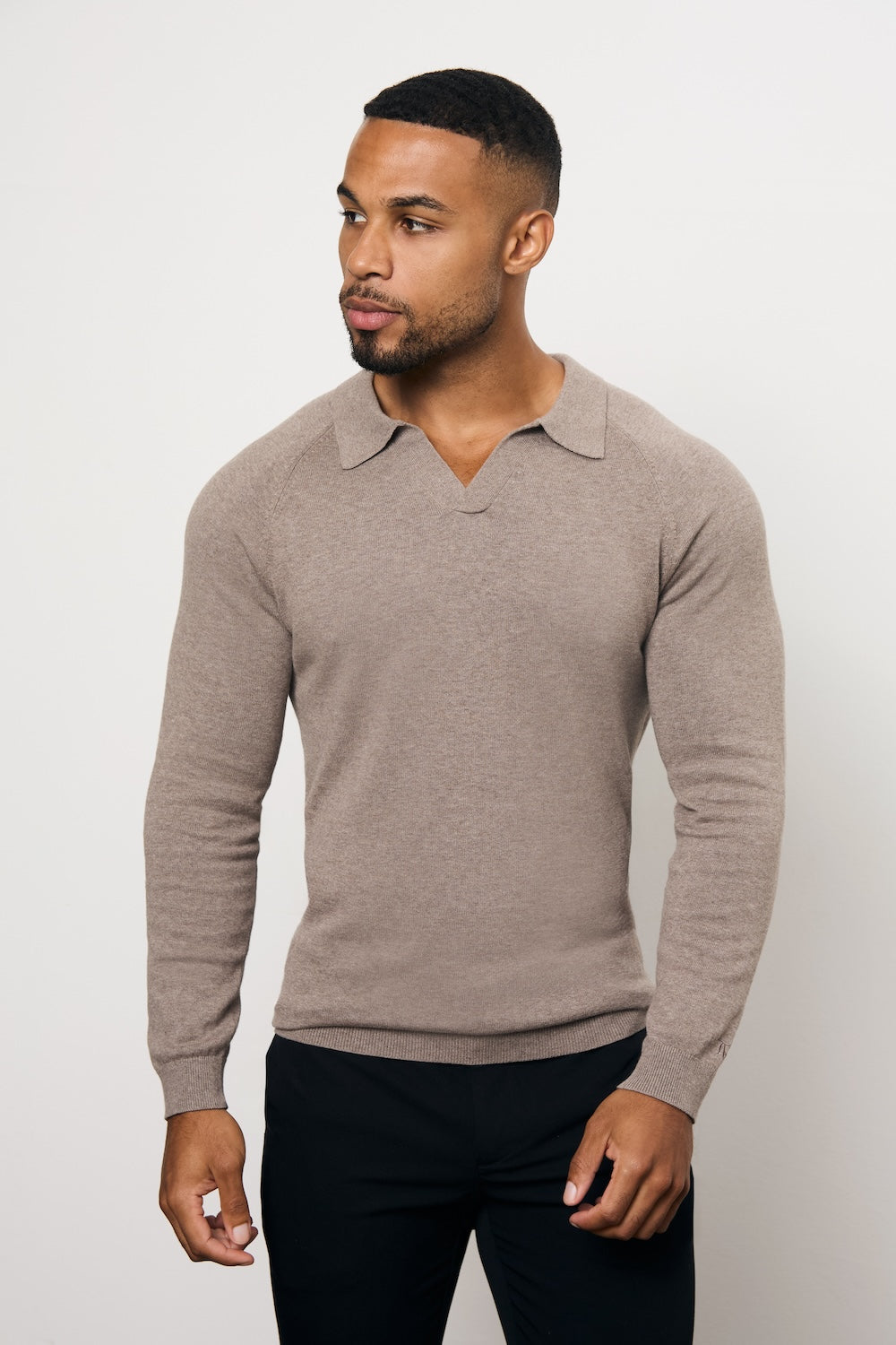 Pure Cotton Knitted Open Collar Polo Shirt in Brown Marl - TAILORED ATHLETE - USA