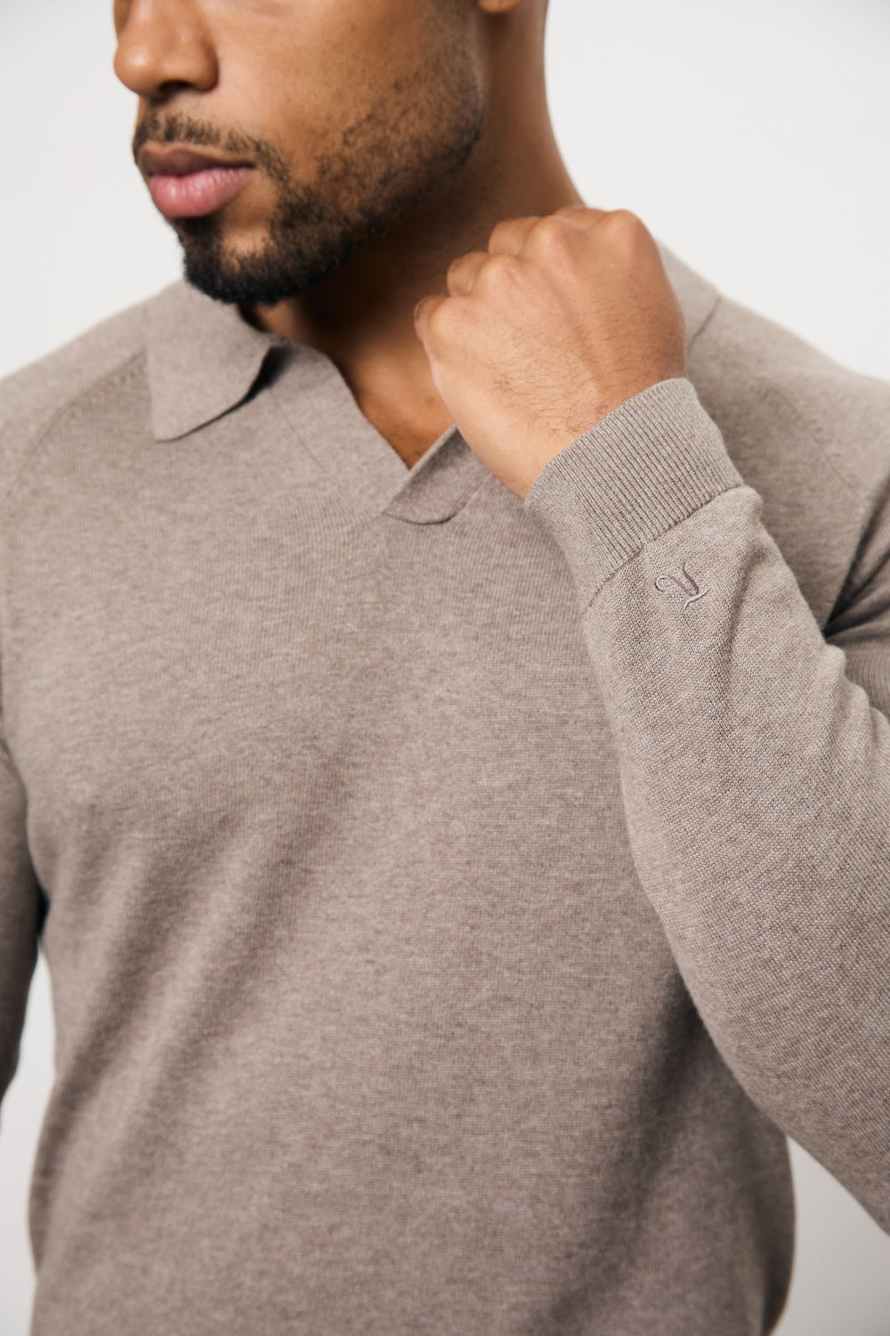 Pure Cotton Knitted Open Collar Polo Shirt in Brown Marl - TAILORED ATHLETE - USA