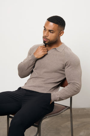 Pure Cotton Knitted Open Collar Polo Shirt in Brown Marl - TAILORED ATHLETE - USA