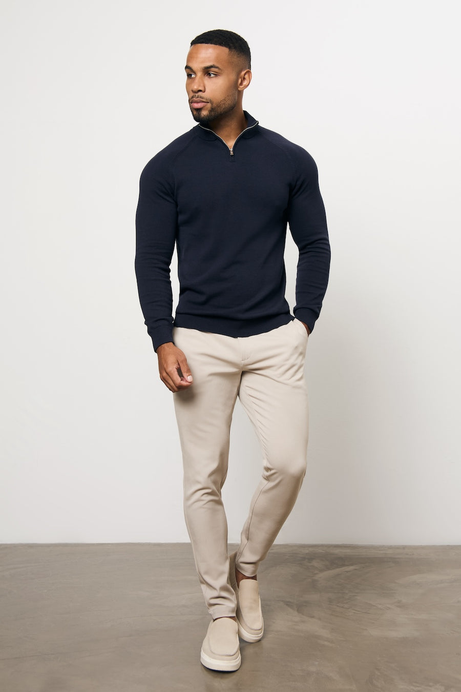 Pure Cotton Knitted Half Zip Neck Sweater in Navy - TAILORED ATHLETE - USA