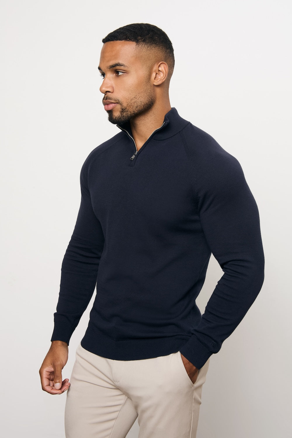 Pure Cotton Knitted Half Zip Neck Sweater in Navy - TAILORED ATHLETE - USA