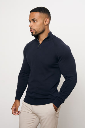 Pure Cotton Knitted Half Zip Neck Sweater in Navy - TAILORED ATHLETE - USA