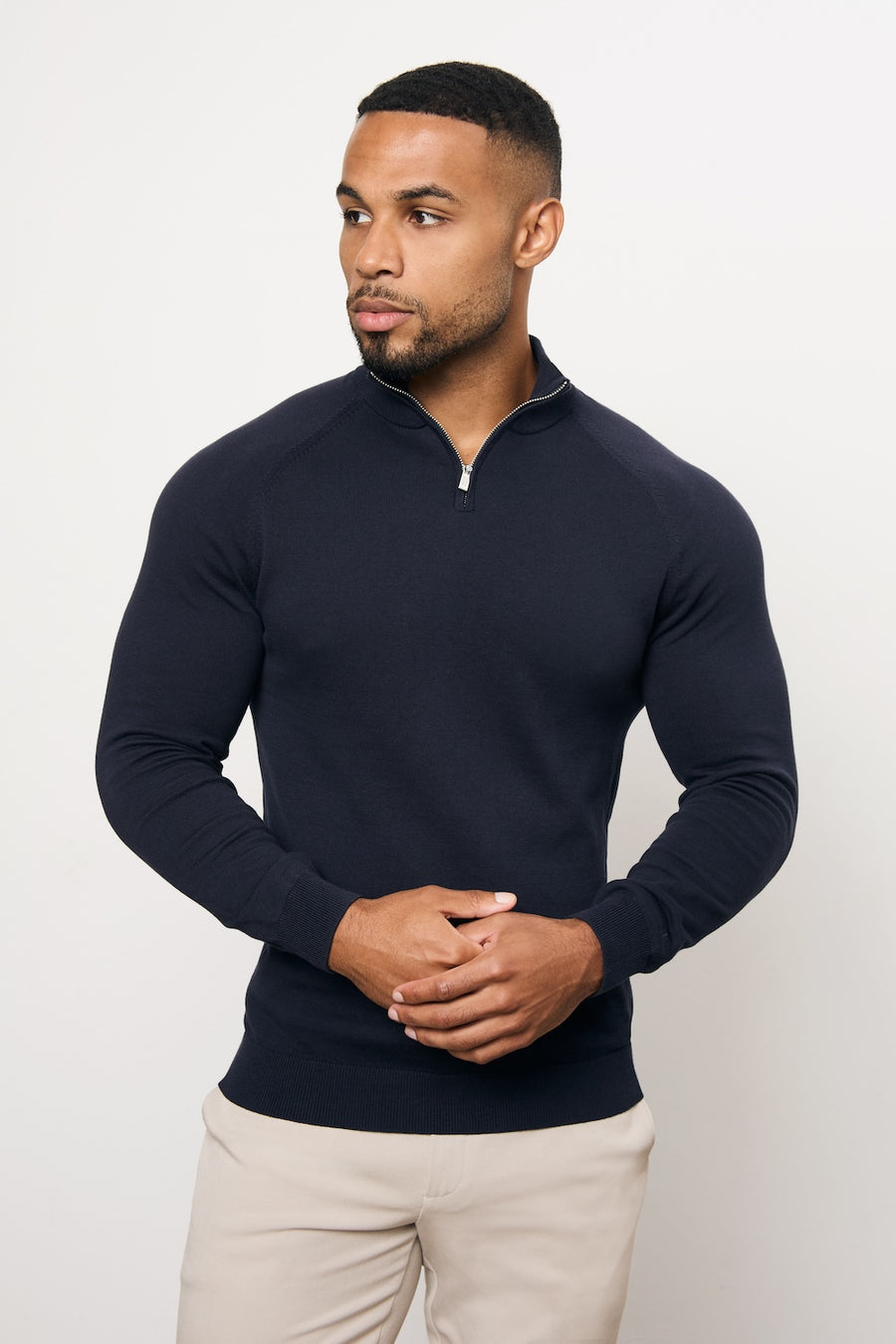 Pure Cotton Knitted Half Zip Neck Sweater in Navy - TAILORED ATHLETE - USA
