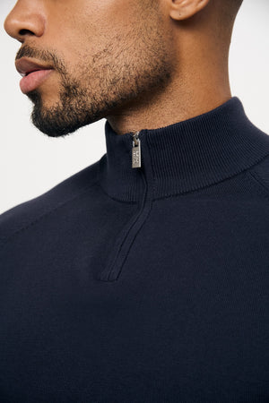 Pure Cotton Knitted Half Zip Neck Sweater in Navy - TAILORED ATHLETE - USA