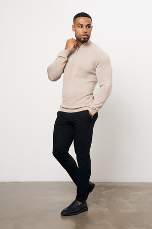 Pure Cotton Knitted Half Zip Neck Sweater in Neutral Marl - TAILORED ATHLETE - USA