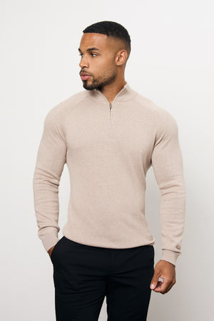 Pure Cotton Knitted Half Zip Neck Sweater in Neutral Marl - TAILORED ATHLETE - USA