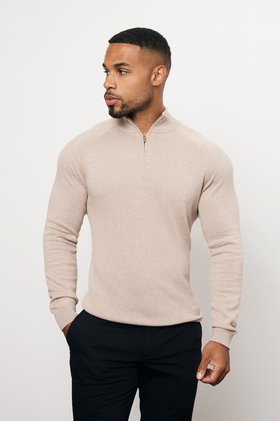 Pure Cotton Knitted Half Zip Neck Sweater in Neutral Marl - TAILORED ATHLETE - USA