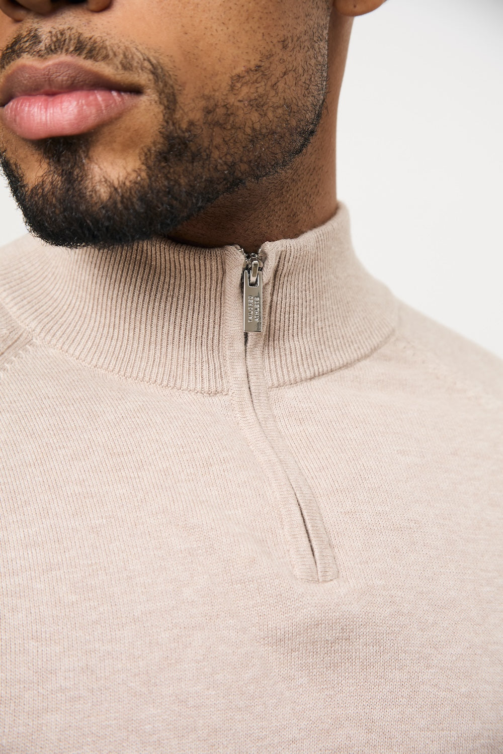 Pure Cotton Knitted Half Zip Neck Sweater in Neutral Marl - TAILORED ATHLETE - USA