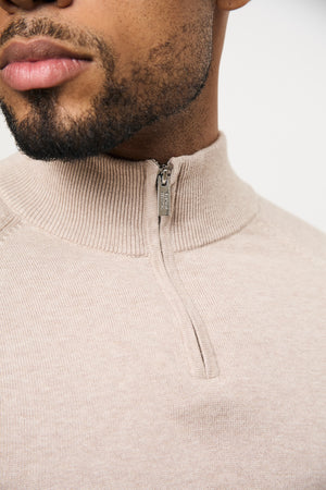 Pure Cotton Knitted Half Zip Neck Sweater in Neutral Marl - TAILORED ATHLETE - USA