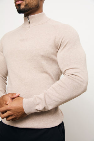 Pure Cotton Knitted Half Zip Neck Sweater in Neutral Marl - TAILORED ATHLETE - USA