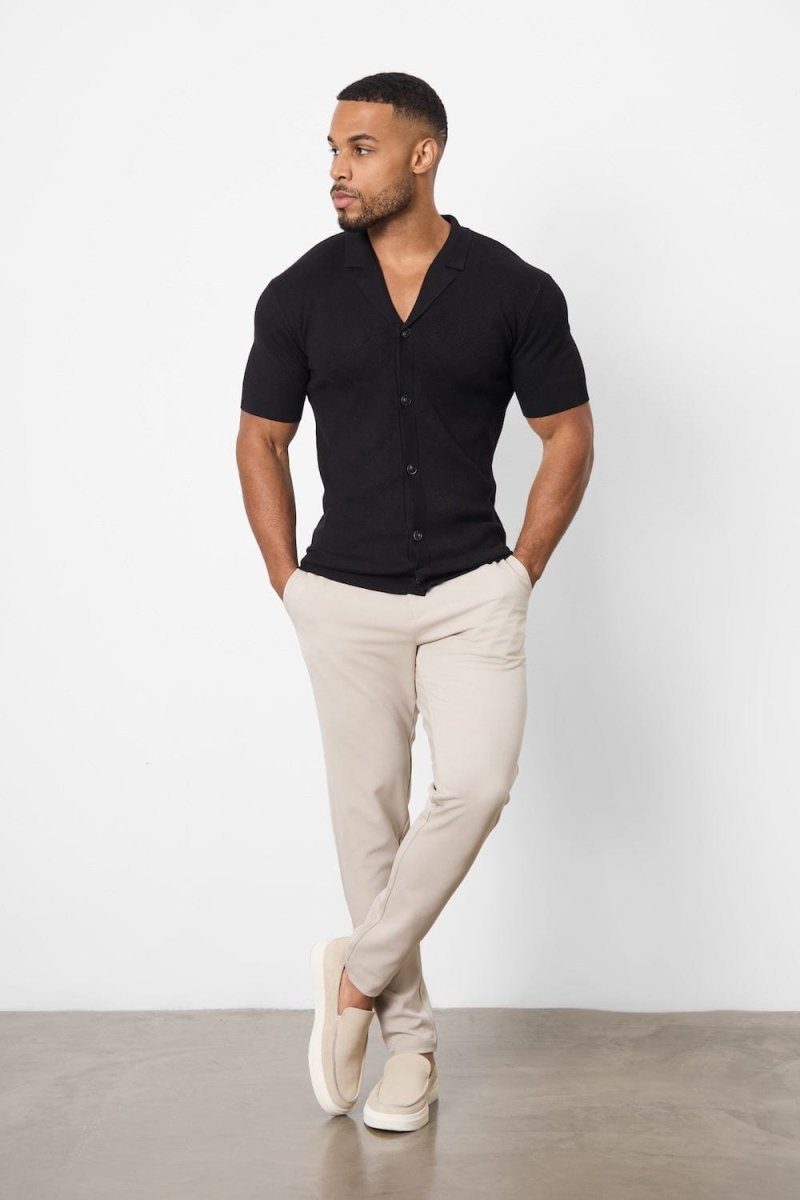 Jacquard Revere Collar Knitted Shirt in Black - TAILORED ATHLETE - USA