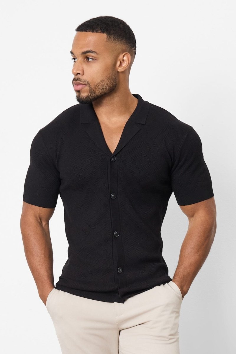 Jacquard Revere Collar Knitted Shirt in Black - TAILORED ATHLETE - USA