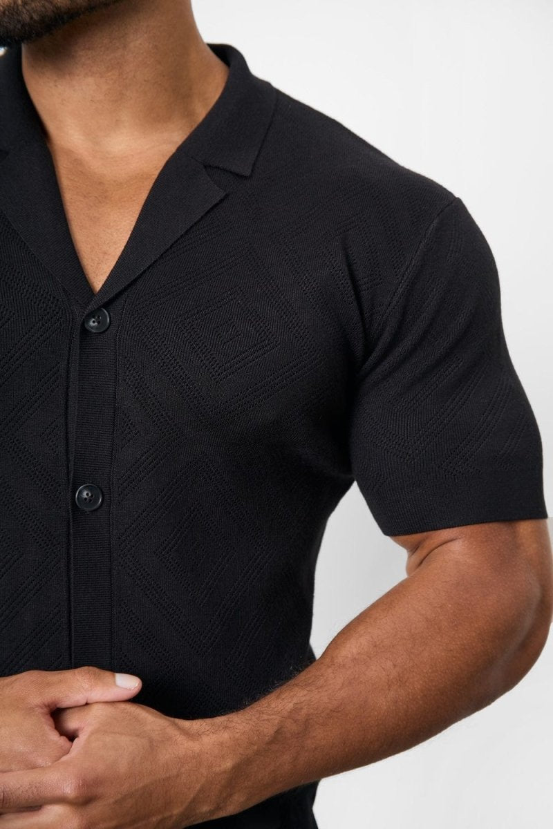 Jacquard Revere Collar Knitted Shirt in Black - TAILORED ATHLETE - USA