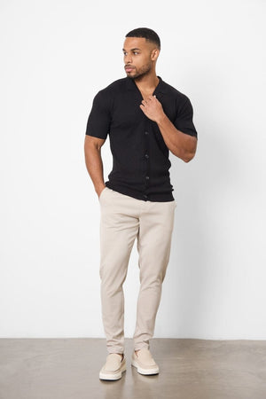 Jacquard Revere Collar Knitted Shirt in Black - TAILORED ATHLETE - USA