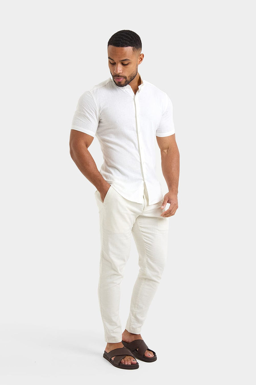 Short Sleeve Linen Blend Shirt in White - TAILORED ATHLETE - USA