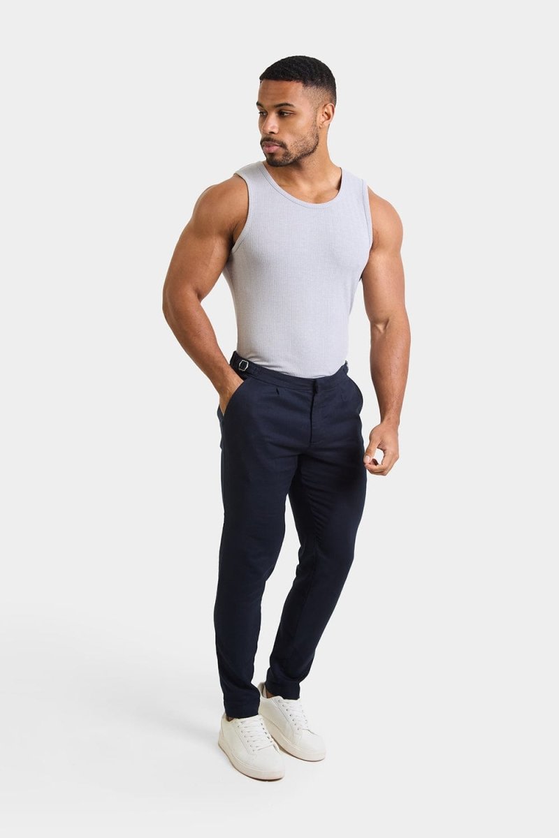 Linen Blend Cropped Pleated Pants in Navy - TAILORED ATHLETE - USA