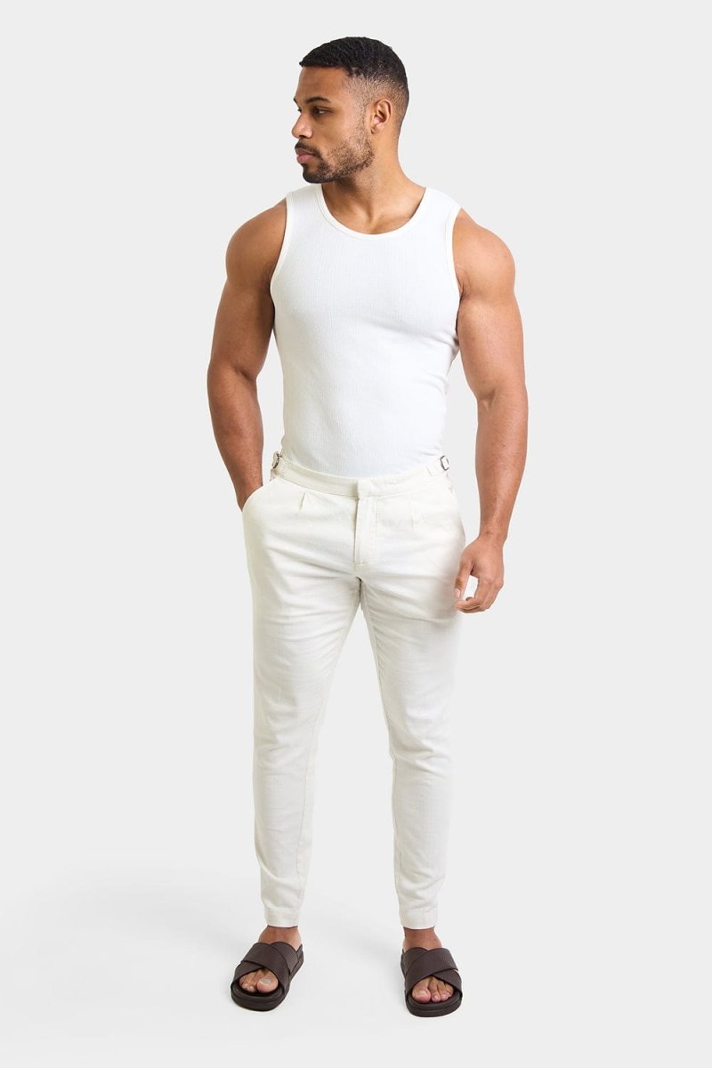 Linen Blend Cropped Pleated Pants in Chalk - TAILORED ATHLETE - USA