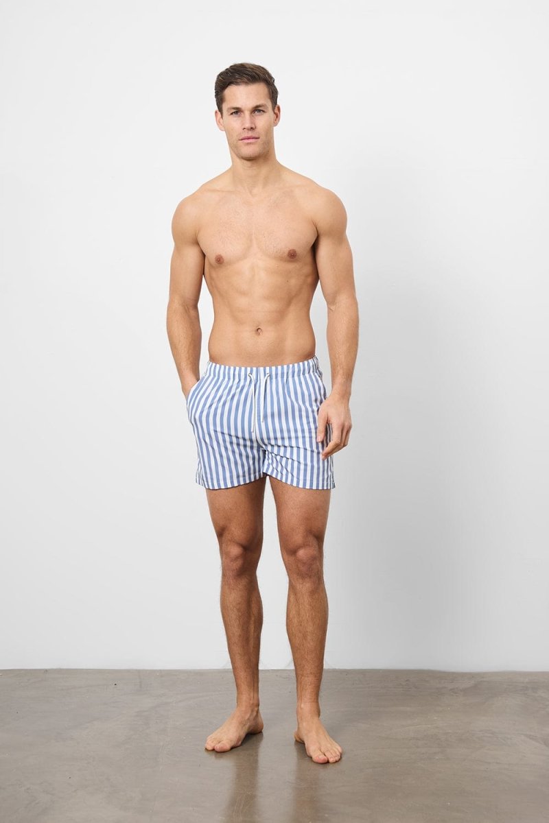 Printed Swim Short in White/Denim Blue Stripe - TAILORED ATHLETE - USA
